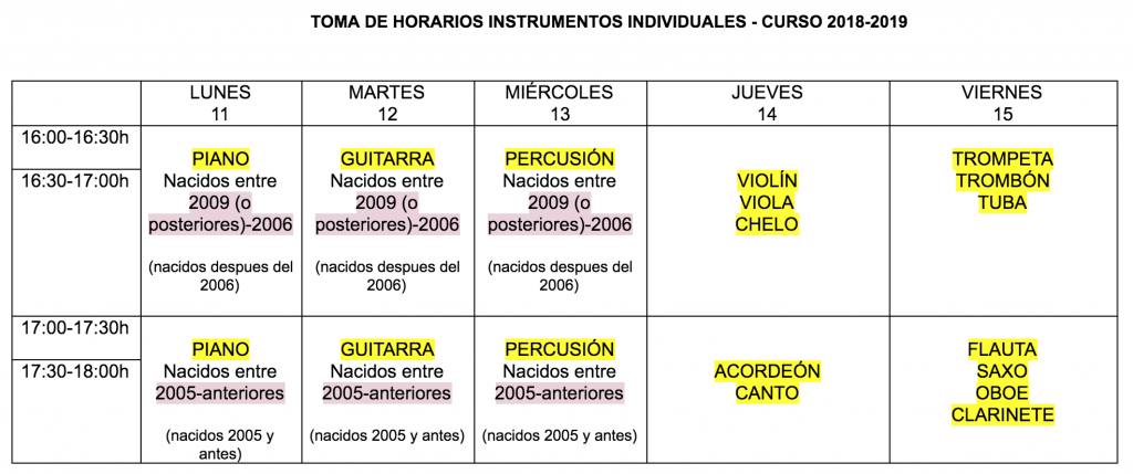 Toma de Horarios Instrumentos Individuales curso 2018-2019