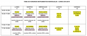 Toma de Horarios Instrumentos Individuales curso 2018-2019